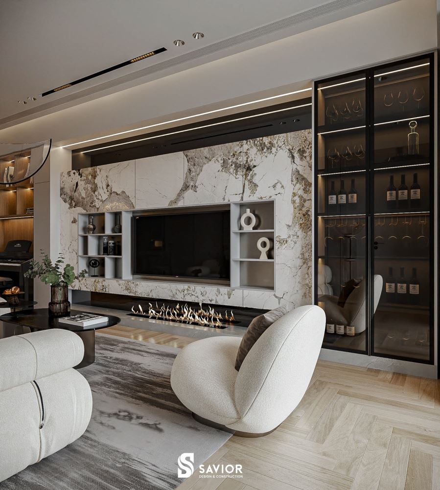 Vách ốp tivi với chất liệu đá Marble vân mây ấn tượng