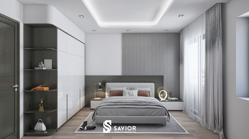 Phòng ngủ thứ hai với tông màu lạnh, đơn sắc song không đơn điệu