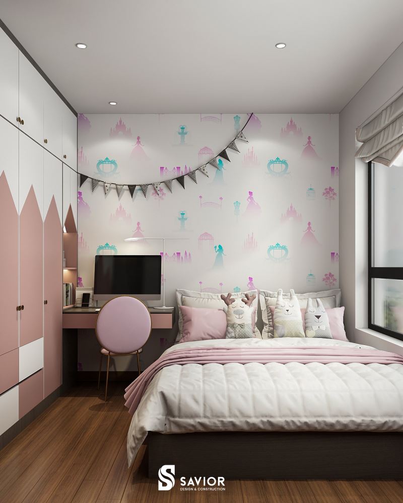 Phòng ngủ con gái gia chủ nhẹ nhàng với tông hồng - trắng