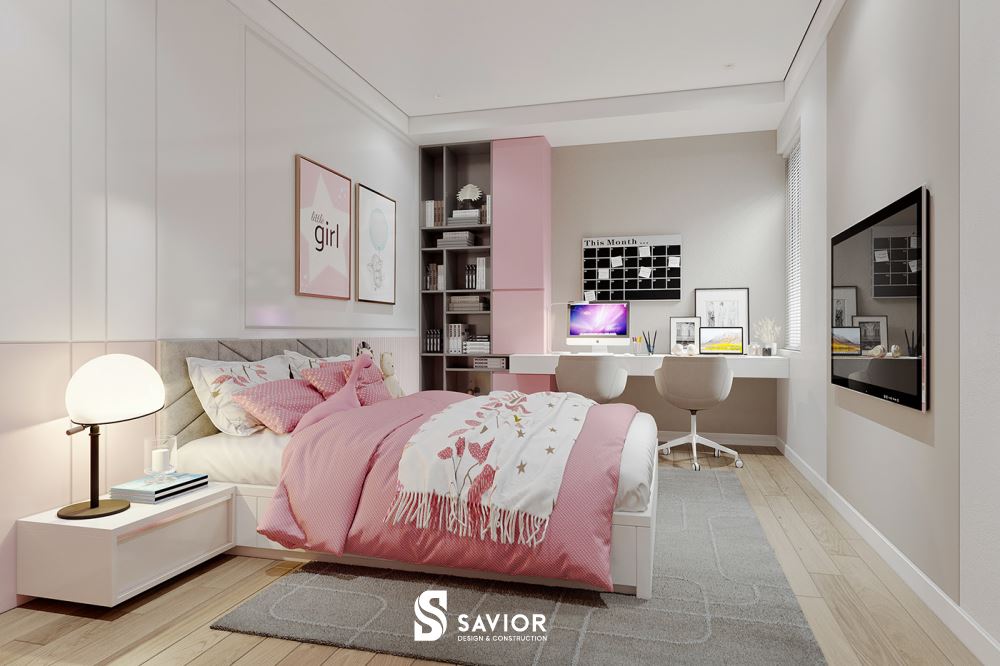 Phòng ngủ con gái ấm cúng, ngọt ngào với tông màu hồng phấn