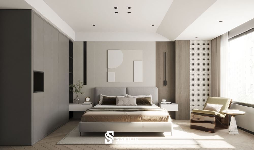 Phòng ngủ Master bài trí tập trung vào công năng sử dụng, thoải mái chứ không quá cầu kỳ