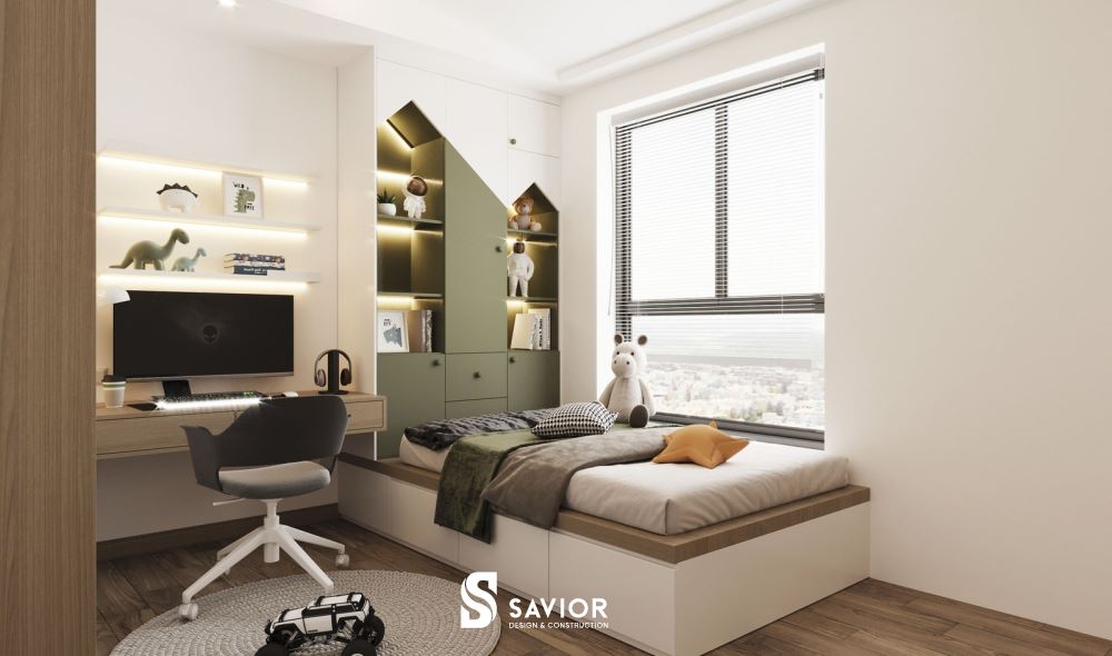 Sự năng động, hài hòa trong căn phòng ngủ con mẫu thiết kế nội thất chung cư hiện đại 