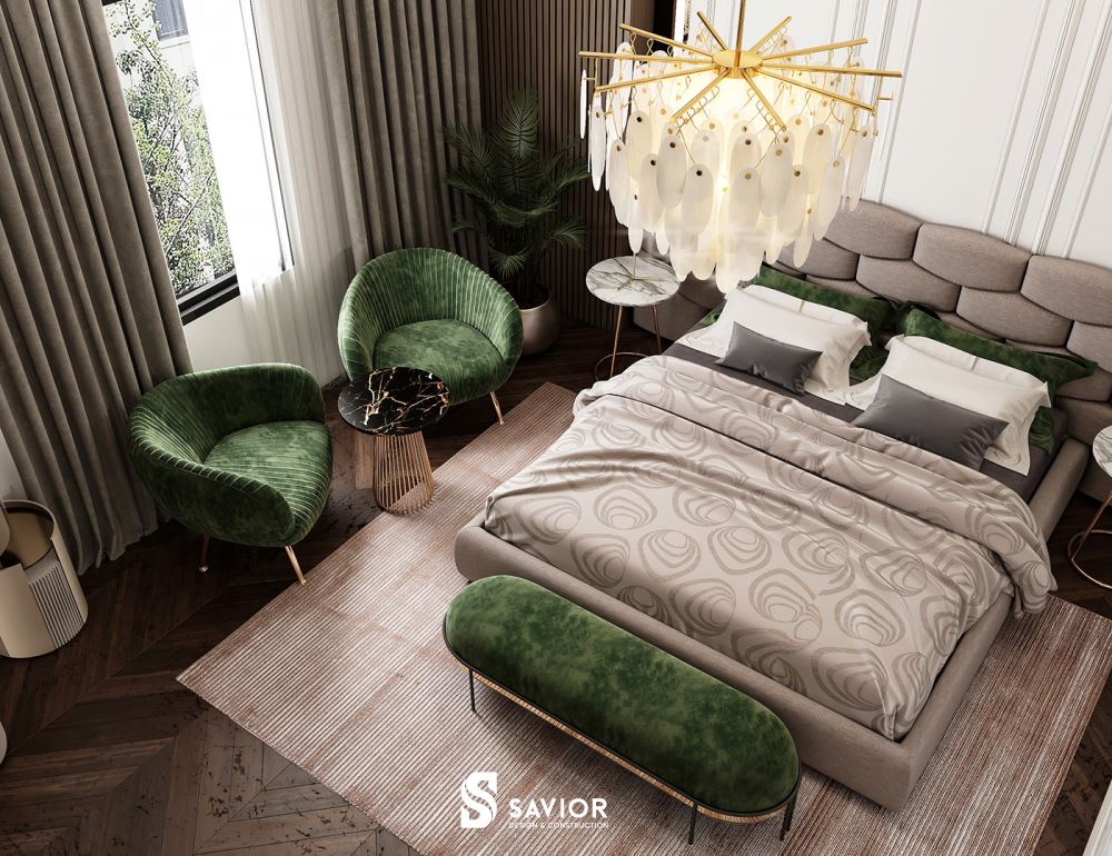 Màu nâu - trắng trang nhã làm chủ đạo, điểm xuyết tông màu xanh rêu nổi bật