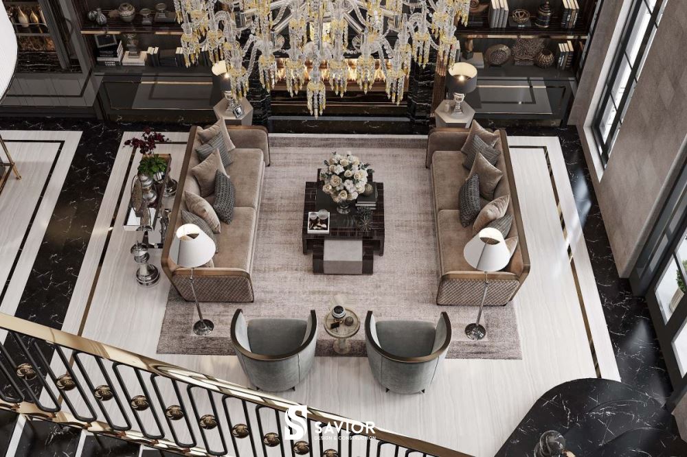 Phòng khách gây choáng ngợp với vẻ bề thế, rộng lớn