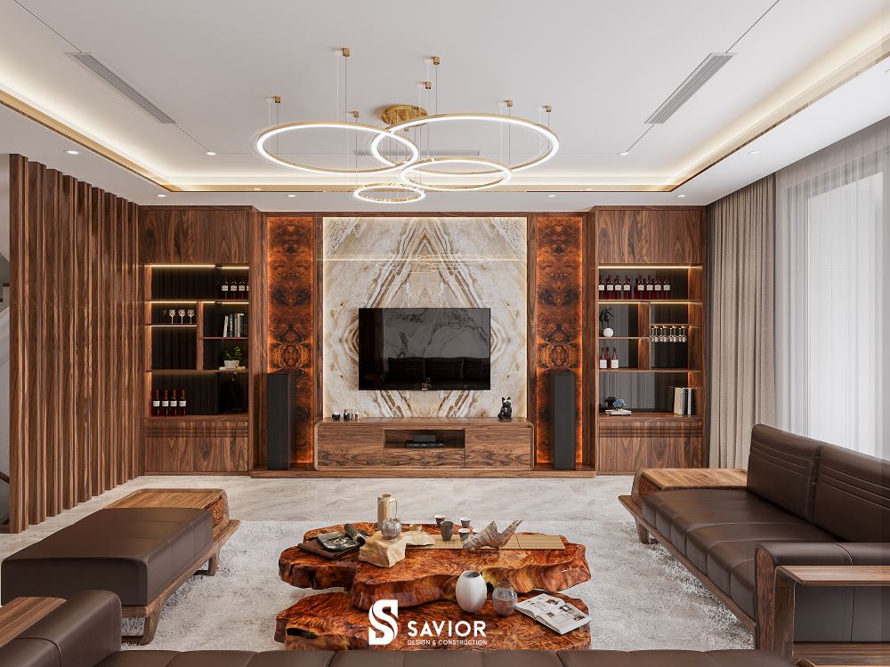 Mẫu thiết kế phòng khách nội thất gỗ óc chó sang trọng 