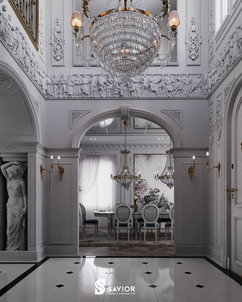 Sảnh phòng khách choáng ngợp bởi vẻ bề thế, lộng lẫy và xa hoa như cung điện