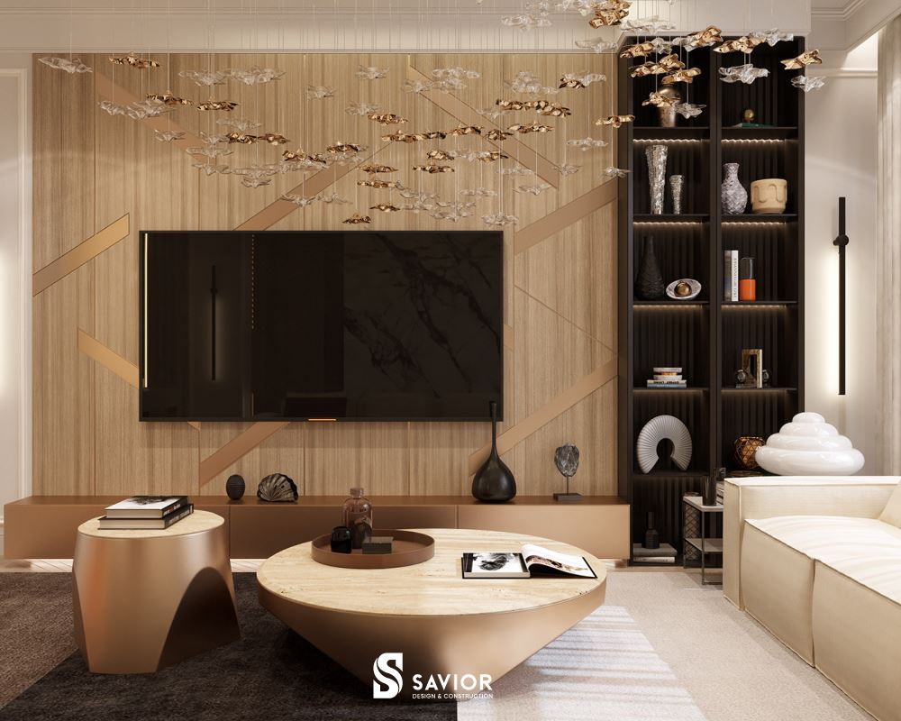 Tông màu ấm cúng, trang nhã vẫn được lựa chọn cho thiết kế nội thất phòng khách hiện đại biệt thự