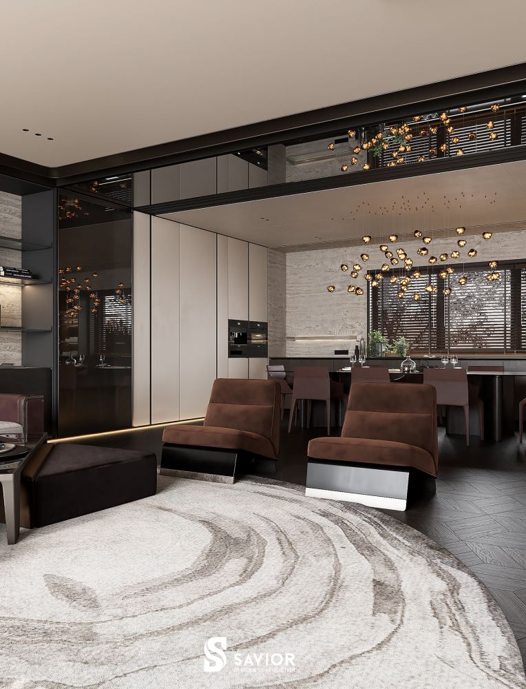 Phòng bếp thiết kế liên thông với phòng khách