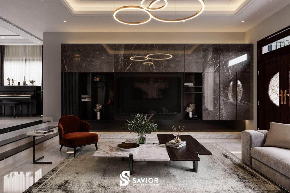 Vách ốp tivi sử dụng đá marble vân mây bắt mắt