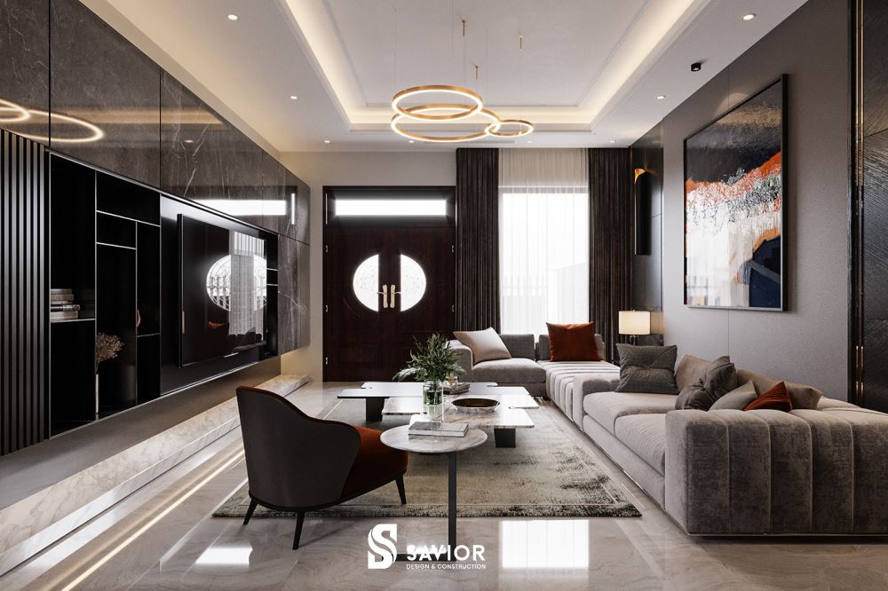 Đèn chùm tăng thêm điểm nhấn cho căn phòng khách