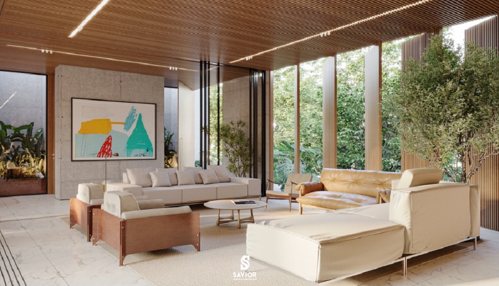 Tác phẩm nghệ thuật treo tường đầy màu sắc tạo điểm nhấn sinh động cho phòng khách phong cách tối giản, tông màu trung tính chủ đạo.