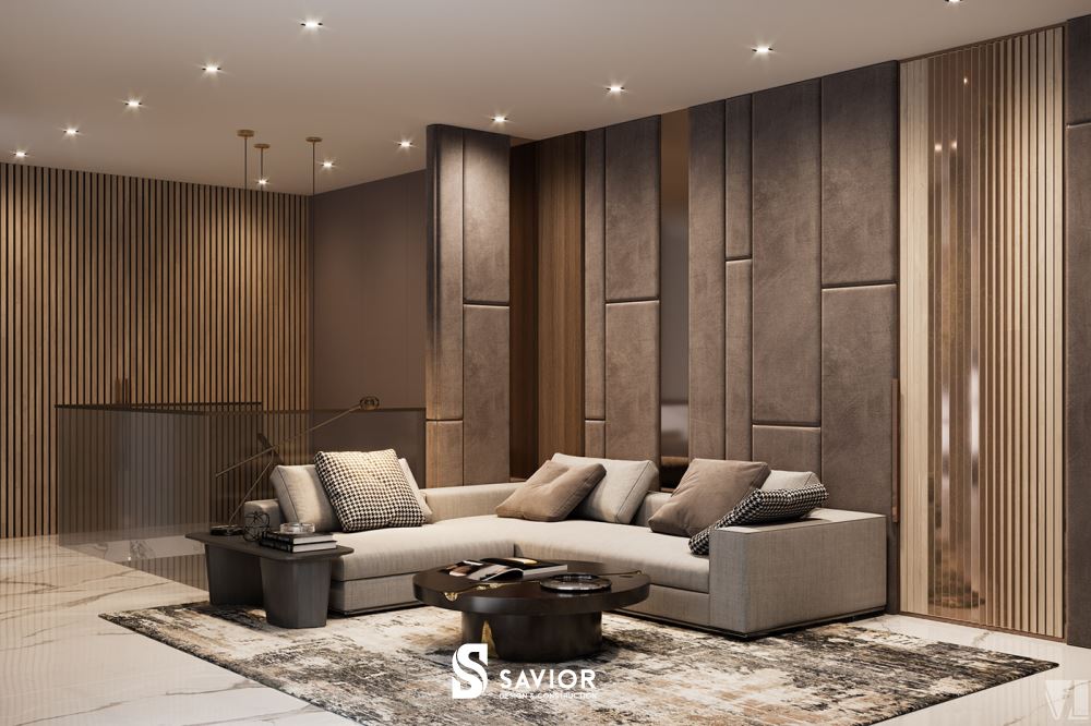 Sảnh tầng 2 được đặt 1 bộ bàn ghế làm nơi tiếp đón khách