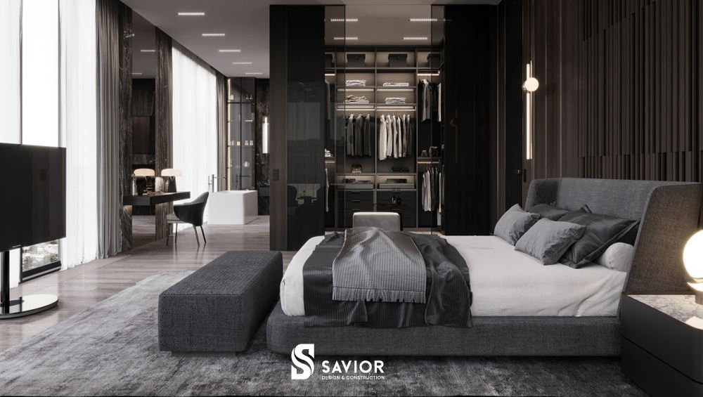 Phòng ngủ được thiết kế với tông màu đơn sắc, trầm tĩnh đen - trắng làm chủ đạo