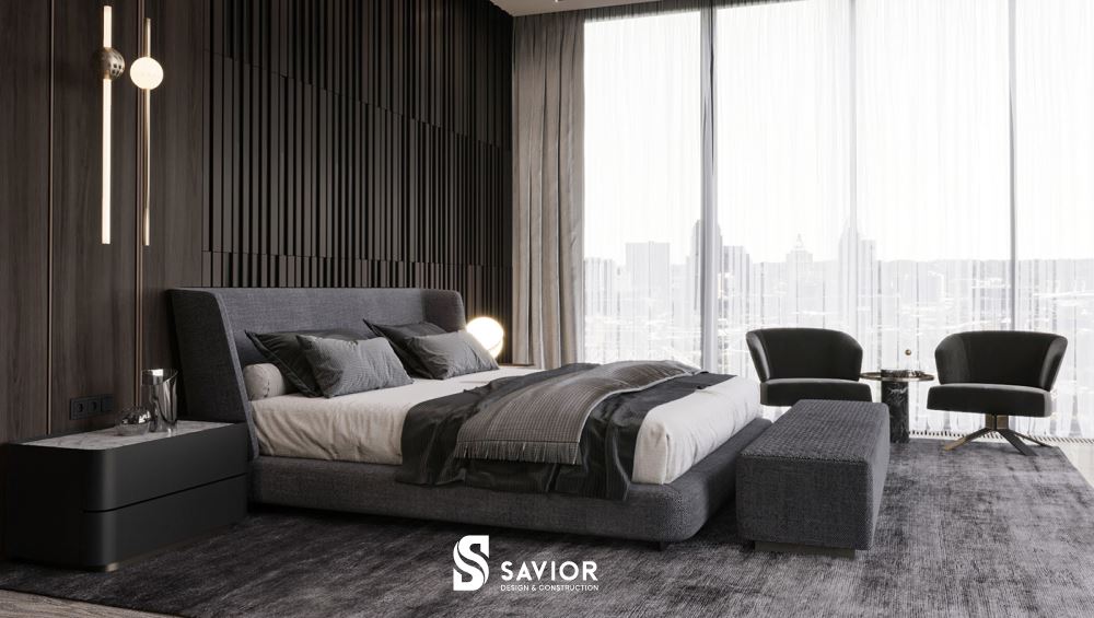 Những ô cửa sổ lớn sát mặt đất được thiết kế, mang đến không gian phòng ngủ thoáng đãng hơn