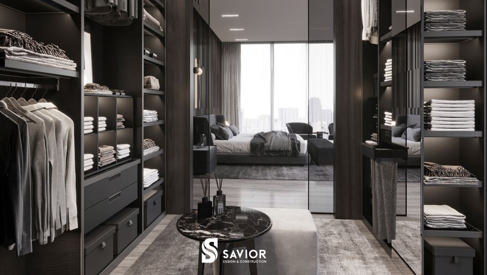 Toàn bộ không gian phòng ngủ được thiết kế với tông màu đen - xám làm chủ đạo