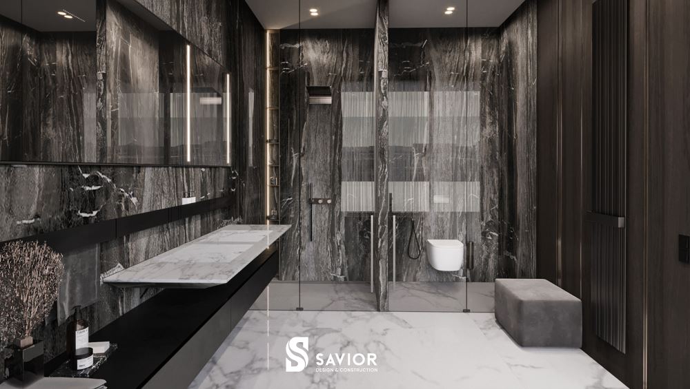 Mặt đá ốp vân mây ấn tượng trong phòng tắm