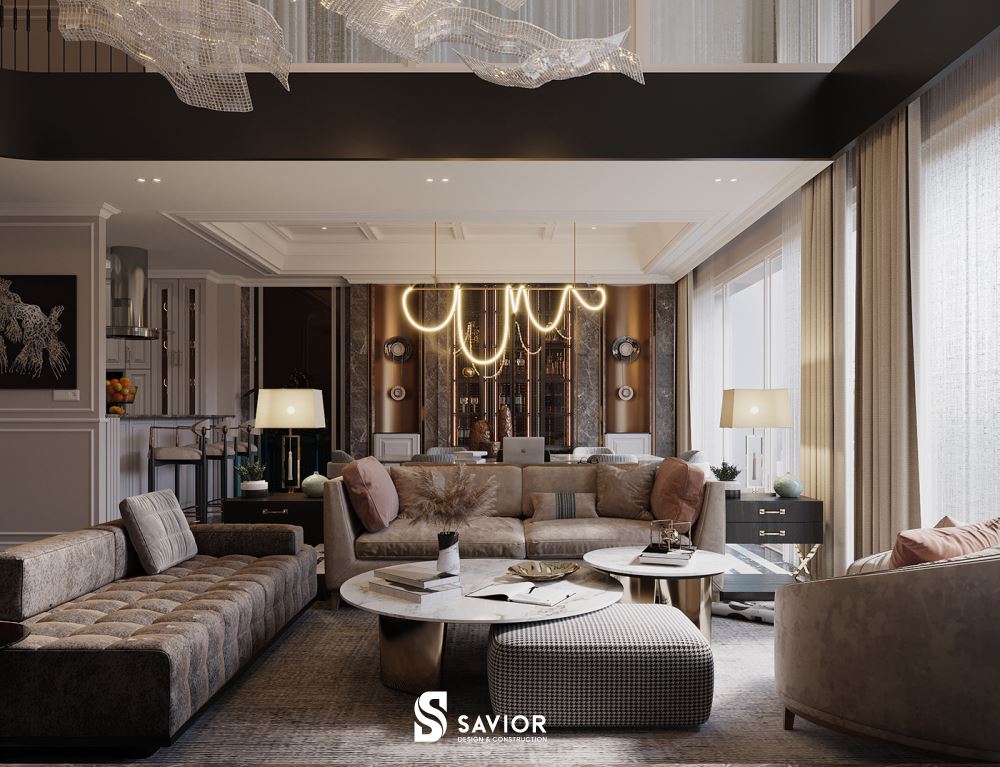 Không gian phòng khách ấm cúng với tông màu trắng - nâu