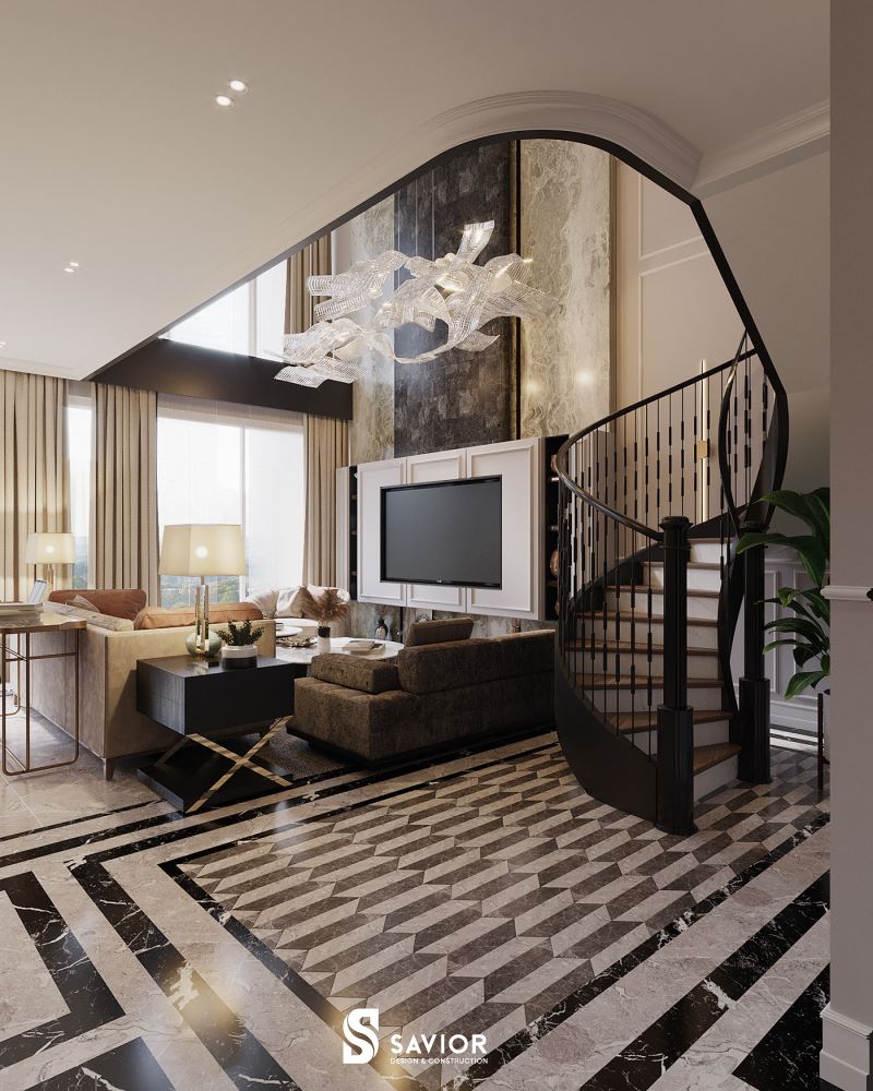 Trần nhà của căn hộ penthouse được thiết kế, xử lý khéo léo với hình dáng độc đáo