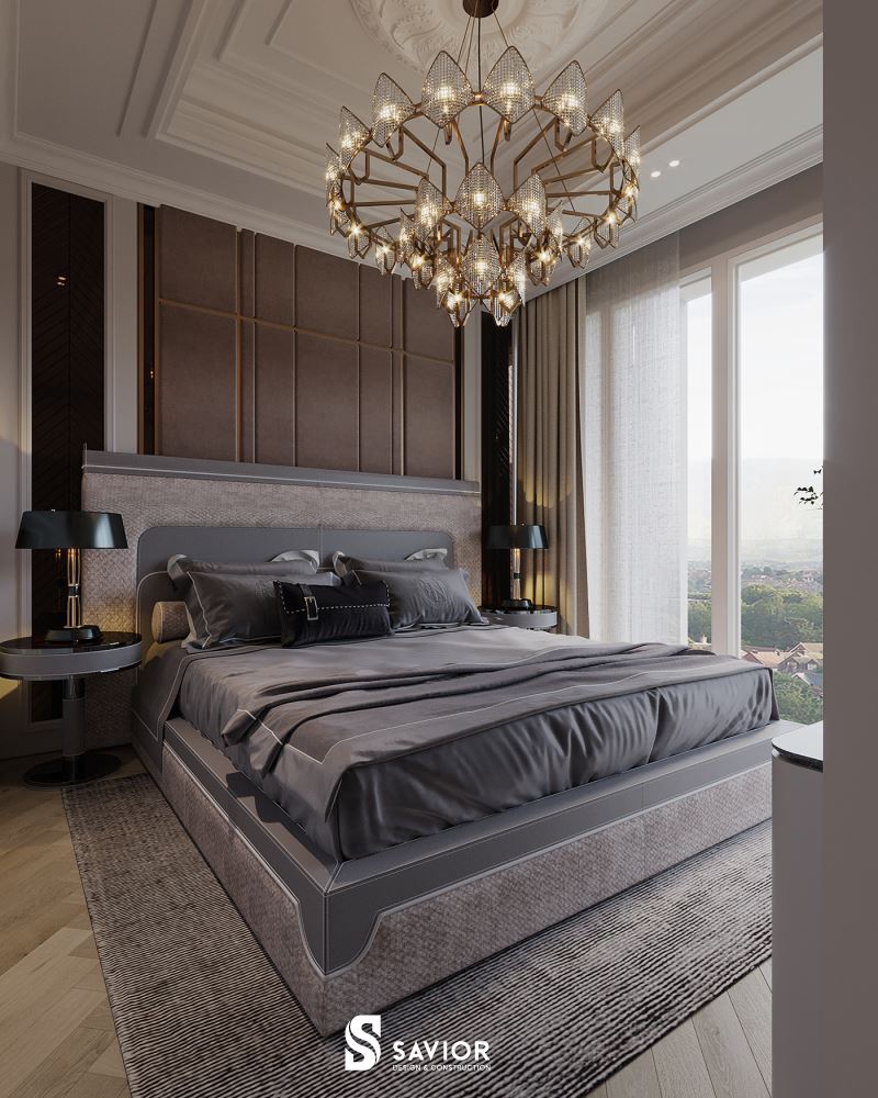 Chiếc đèn chùm làm điểm nhấn thu hút trong không gian phòng ngủ