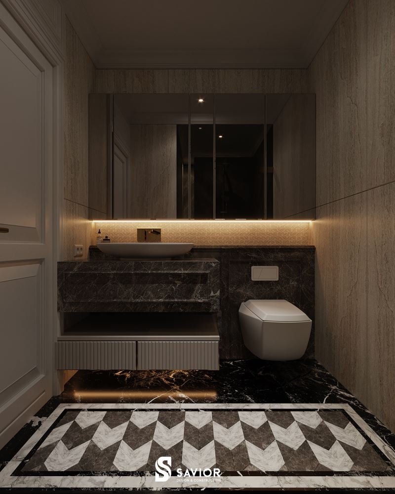 Nhà tắm với 2 tông màu đen - trắng làm chủ đạo