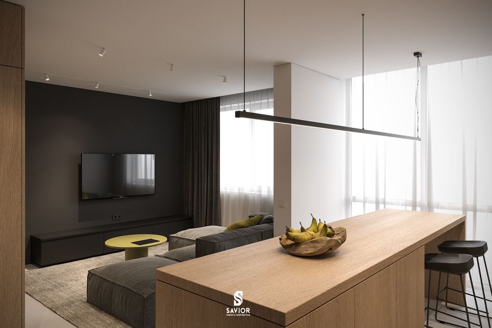 Ý tưởng thiết kế phòng khách gắn liền với phòng bếp này đặc biệt phù hợp với không gian diện tích nhỏ