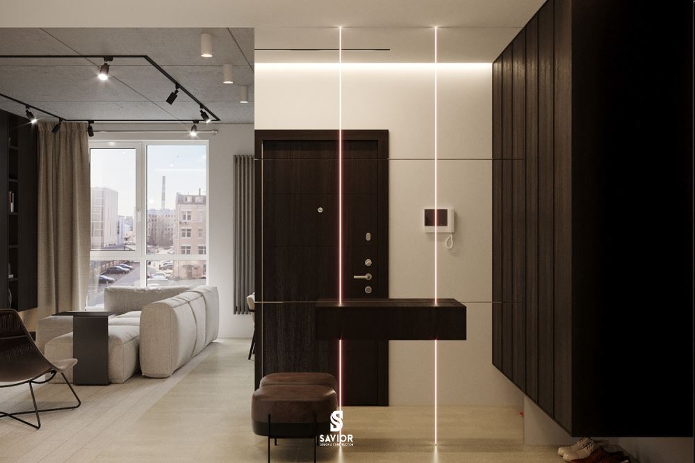 Tủ đồ được thiết kế ẩn tường với bề mặt kính. 