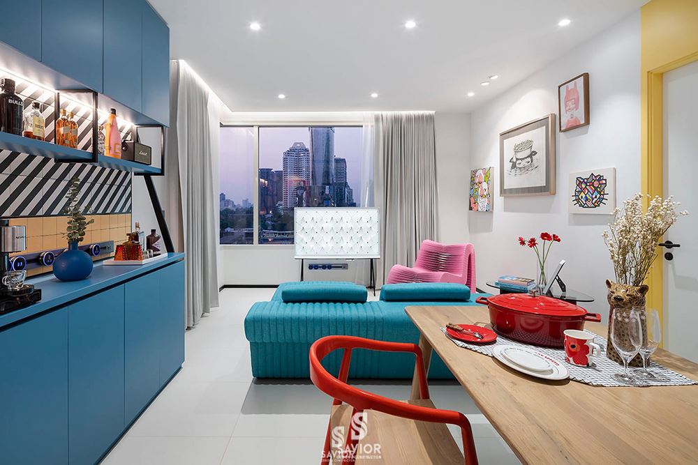 Tông màu xanh mang đến sự độc đáo cho căn hộ