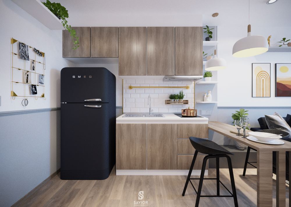 Phòng bếp nhỏ sử dụng chất liệu gỗ óc chó sang trọng cùng tông màu nâu nhạt ấm cúng