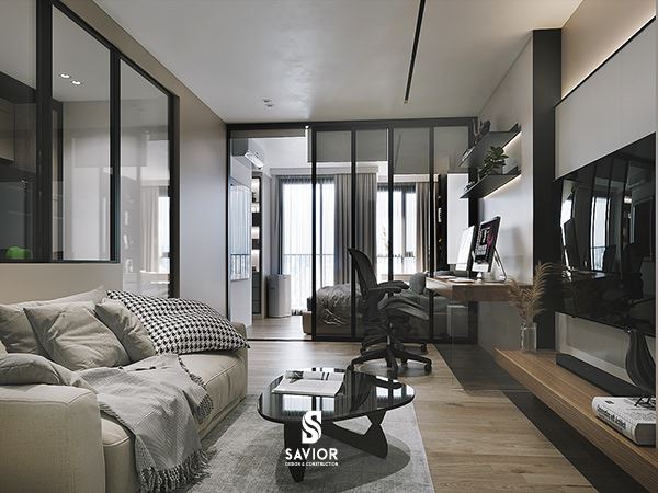 Phòng khách chung cư diện tích nhỏ với nội thất tối giản