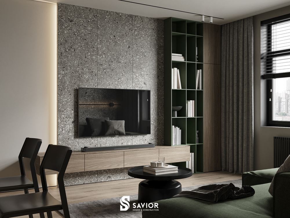 Phòng khách được thiết kế không gian mở với nhà bếp