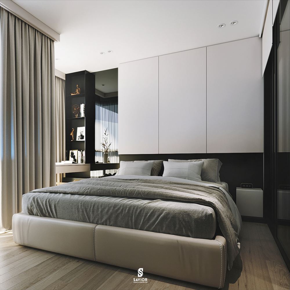 Tủ quần áo thiết kế treo tường được bố trí hài hòa với không gian chung