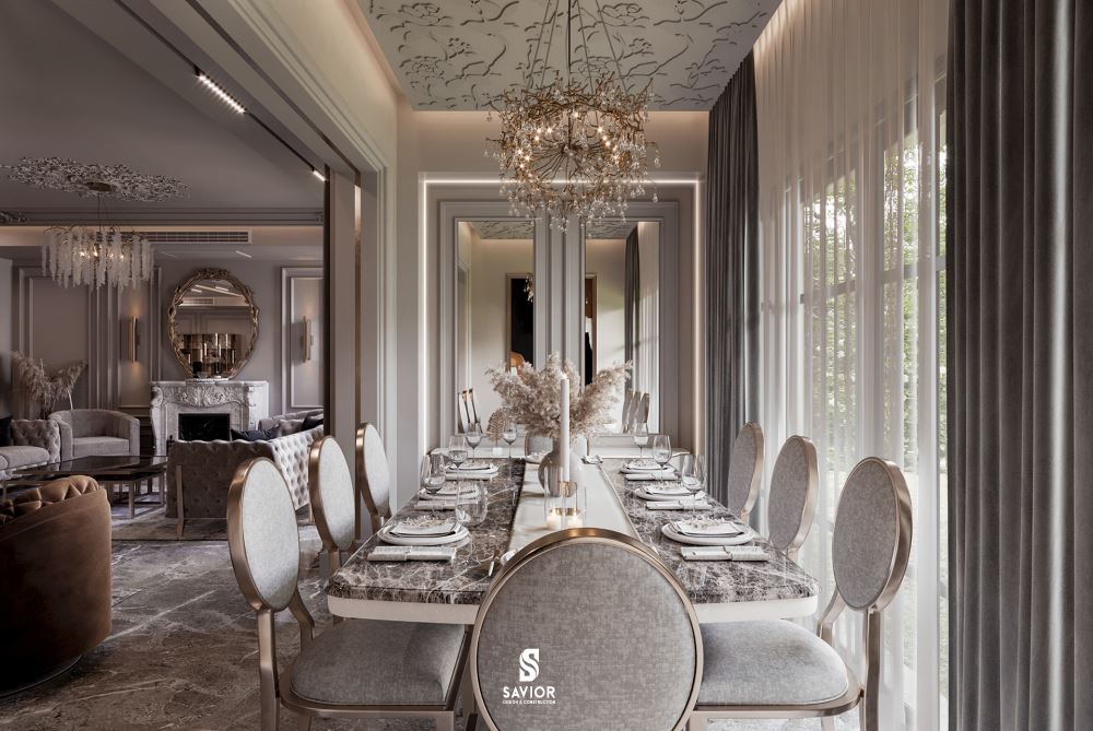 Đèn chùm được đặt giữa bàn ăn mang đến những bữa tiệc trang trọng cho các buổi họp mặt hay tiếp khách của gia chủ