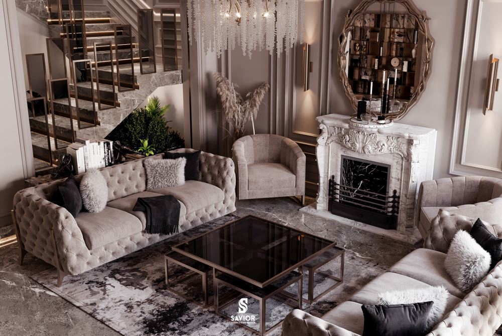 Phòng khách biệt thự sang trọng với chất liệu đá tự nhiên và bộ sofa từ da thật cao cấp