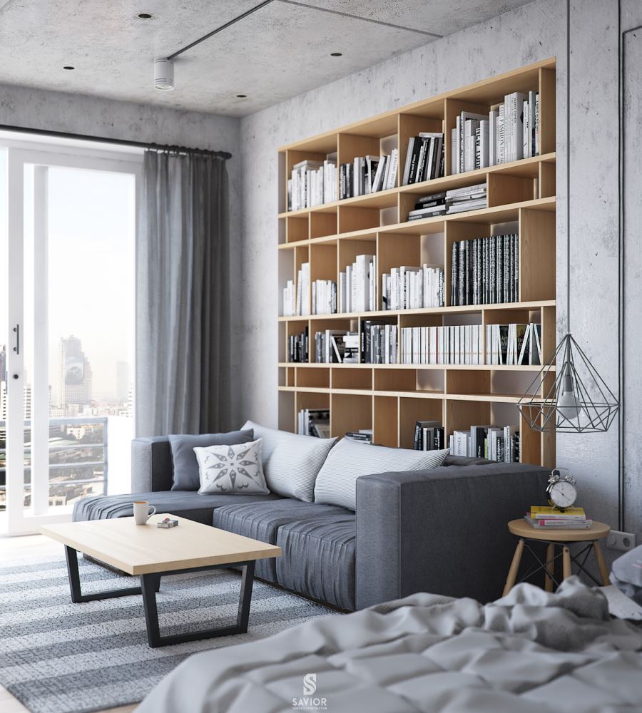 Giá sách được sử dụng như một món đồ nội thất trang trí không gian phòng khách