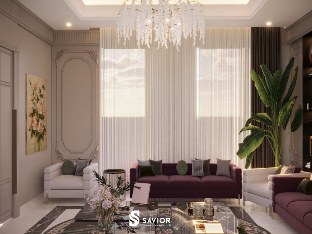 Một chiếc đèn chùm pha lê tinh xảo tạo điểm nhấn cho căn phòng