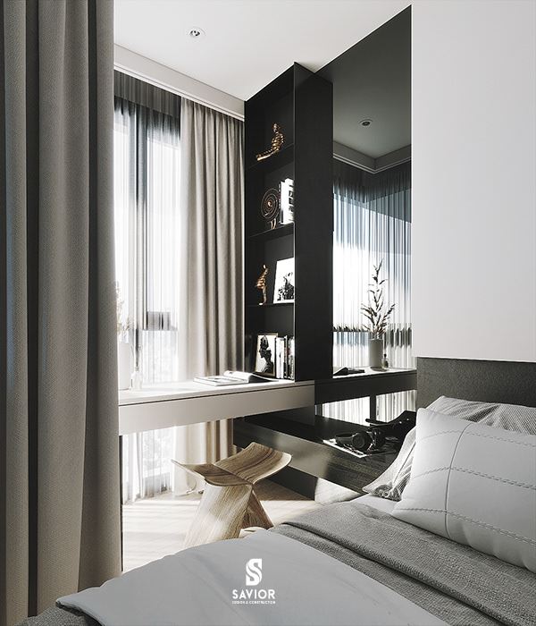 Phòng ngủ được ngăn cách với các không gian khác bằng cửa kính