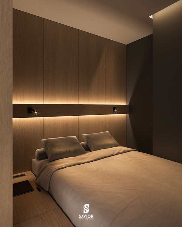 Phòng ngủ diện tích nhỏ với tủ quần áo bao quanh