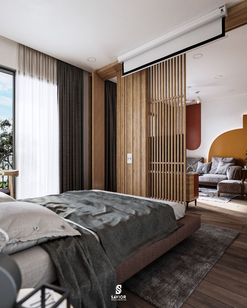 10+ Thiết kế thi công nội thất tại Bắc Ninh đẹp - ấn tượng 7 Vách ngăn cách giữa phòng ngủ và phòng khách được thay bằng hệ thống thanh gỗ