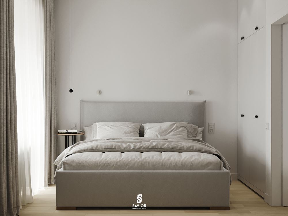 Phòng ngủ tối giản với tông màu trắng sáng, mang lại cảm giác tươi mới cho không gian