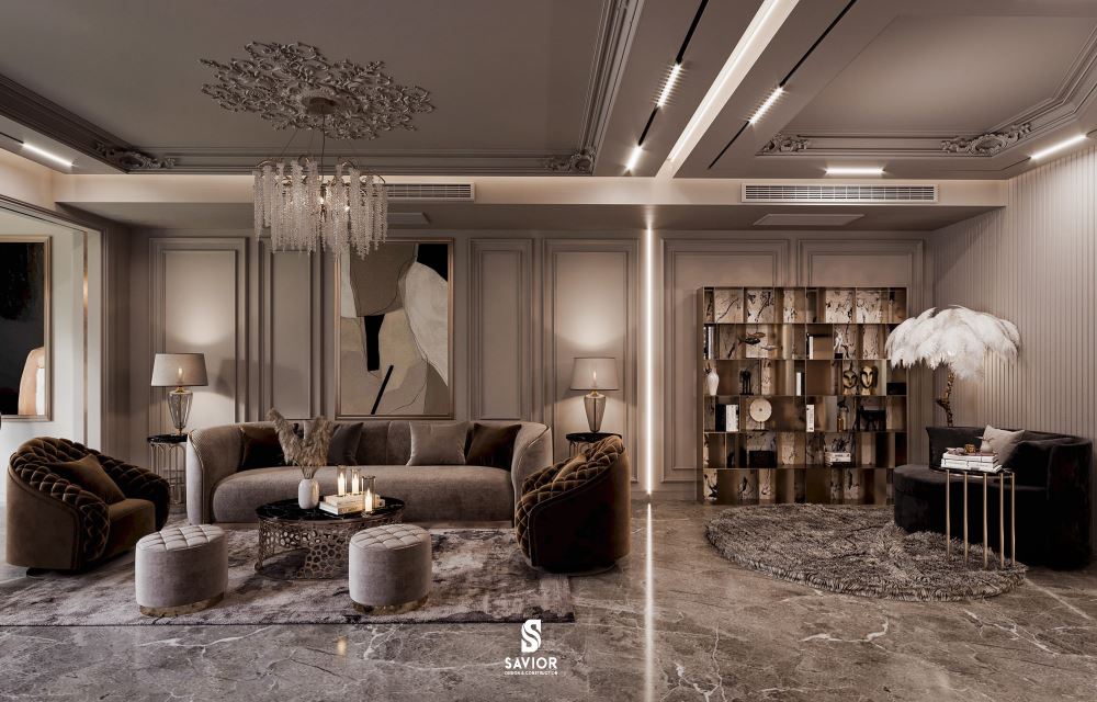 Phòng khách biệt thự thiết kế theo phong cách cổ điển với đèn chùm trang trí ấn tượng