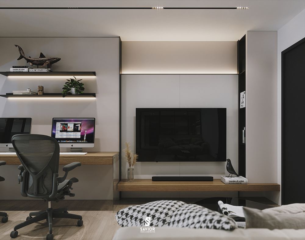 Phòng làm việc đặt cạnh phòng khách giúp bạn vừa thư giãn vừa học tập, làm việc