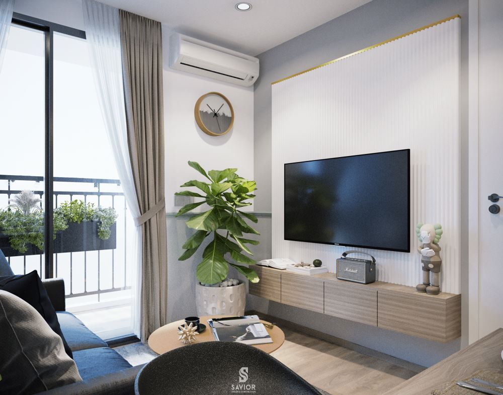 Phòng khách tối giản, phù hợp với những căn chung cư diện tích nhỏ nhưng vẫn đảm bảo nhu cầu sử dụng. 