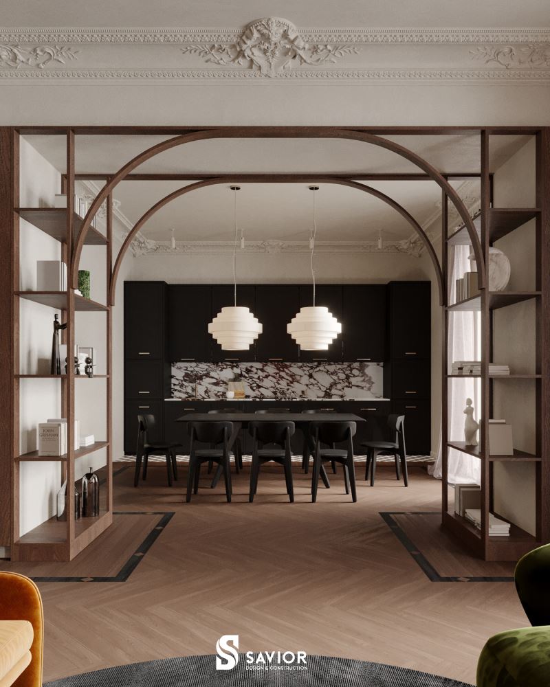 Không gian phòng ăn thiết kế mở liên thông với phòng khách