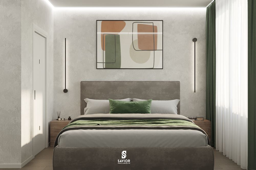 Phòng ngủ căn chung cư được phối màu xanh để hài hòa với phong cách thiết kế chung