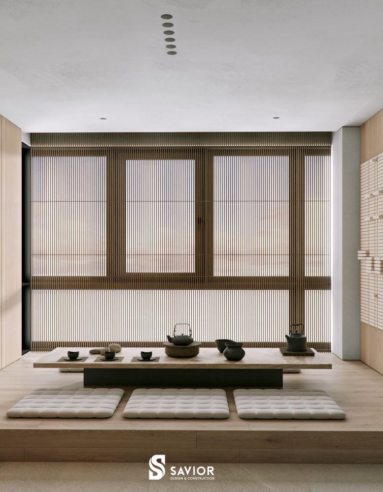 Không gian trà đạo nhẹ nhàng bên cạnh khu vực phòng khách chính trung tâm