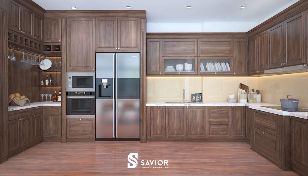 Top 6 mẫu tủ gỗ óc chó xu hướng nổi bật nhất năm 2023 3 Tủ bếp chữ U phù hợp với phòng bếp có diện tích lớn