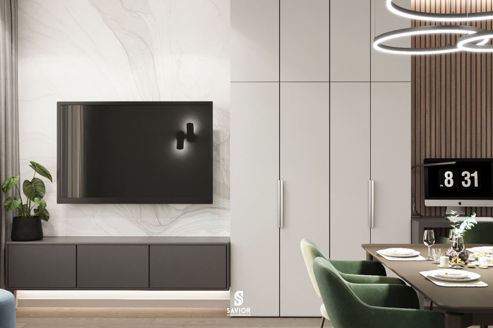 Không sử dụng vách ngăn cách giữa phòng bếp và phòng khách để hạn chế cảm giác chật hẹp cho căn chung cư