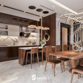 Chất liệu gỗ óc chó tôn vinh vẻ đẹp tiện nghi, sang trọng của nhà bếp