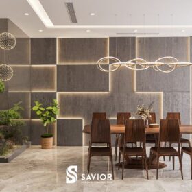 Khu vực phòng ăn với bộ bàn ghế gỗ óc chó