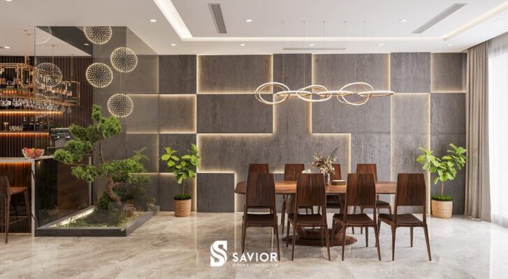 Khu vực phòng ăn với bộ bàn ghế gỗ óc chó